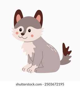 Flat style illustration of a cute wolf cub sitting calmly Perfect for children designs, greeting cards, and digital projects Warm, friendly character suitable for various creative uses