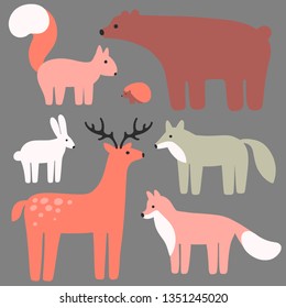Flat style illustration with deer, fox, bear, squirrel, wolf, hare, hedgehog. Vector set of forest animals