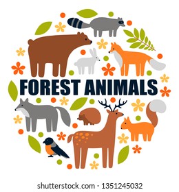 Flat style illustration with deer, fox, bear, squirrel, bird, wolf, hare, hedgehog. Vector set of forest animals with elements (leaves)