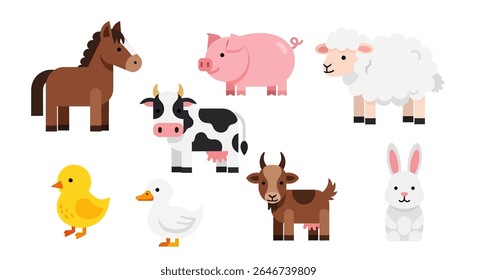flat style illustration of a delightful set of farm animals, including a sheep, horse, pig, chick, duck, cow, rooster, and goat, designed as cute mascots