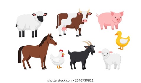flat style illustration of a delightful set of farm animals, including a sheep, horse, pig, chick, duck, cow, rooster, and goat, designed as cute mascots