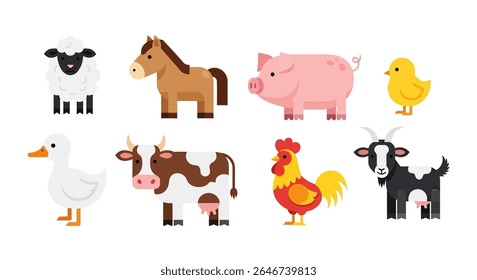 flat style illustration of a delightful set of farm animals, including a sheep, horse, pig, chick, duck, cow, rooster, and goat, designed as cute mascots
