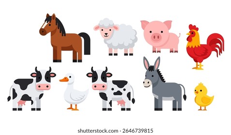 flat style illustration of a delightful set of farm animals, including a sheep, horse, pig, chick, duck, cow, rooster, and goat, designed as cute mascots