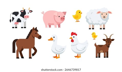 flat style illustration of a delightful set of farm animals, including a sheep, horse, pig, chick, duck, cow, rooster, and goat, designed as cute mascots