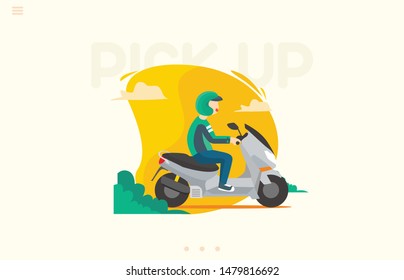 Flat style illustration of delivery man courier riding big moped scooter picking up package and food for customer at home service for landing page and website