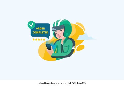 Flat style illustration of delivery man driver icon and biker completed order and successful task by costumer for ordering food service for landing page and website svg