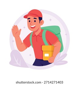 Uma ilustração de estilo plano de um entregador andando e carregando uma sacola de compras.