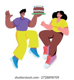 Uma ilustração em estilo plano representando um personagem apresentando uma surpresa de bolo