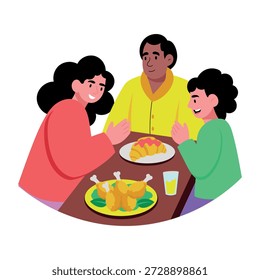 A flat style illustration depicting characters having family dinner