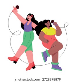 Una ilustración de estilo plano que representa personajes cantando karaoke