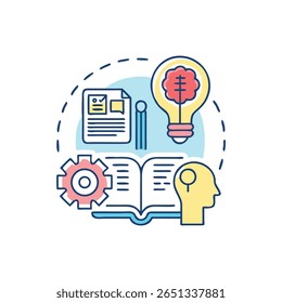 Ilustración de estilo plano que representa el proceso creativo de resolución de problemas con varios símbolos. Documento, libro, equipo, bombilla y cabeza humana.