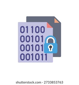 Flat style illustration depicting data security with a file showing binary code and padlock. Secure information and privacy.