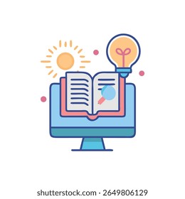 Flat style illustration depicting e-learning. Features computer monitor, book, lightbulb, and sun with black backdrop.