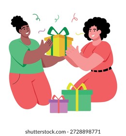 Una ilustración de estilo plano que representa un intercambio de regalos