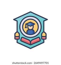 Flat style illustration depicting graduation symbol with a graduate in a badge over an open book.