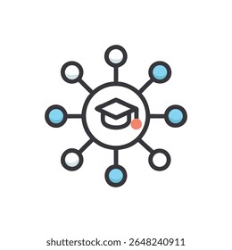 A flat style illustration depicting a network connected to education. Modern style centered on White Background.