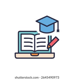 Flat style illustration depicting online education with a laptop, open book, and graduation cap against a White Background.