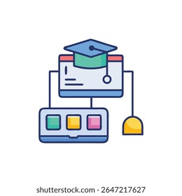 A flat style illustration depicting online education with a mortarboard on a computer screen connected to a laptop and mouse.