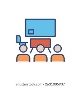 Flat style illustration depicting a training seminar setting with audience and presenter at whiteboard. Corporate learning concept.