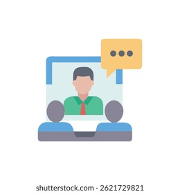 Flat style illustration depicting a virtual meeting with participants and a speaker on screen emphasizing online connection.