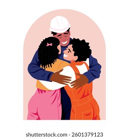 A flat style illustration depicting a worker family hug 