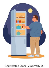 A flat style illustration depicts a man standing in front of an open fridge at night, packed with various foods like a cake, sandwich, jars, burger, and pots. This highlights a potential eating disord