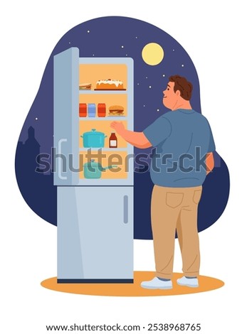 A flat style illustration depicts a man standing in front of an open fridge at night, packed with various foods like a cake, sandwich, jars, burger, and pots. This highlights a potential eating disord