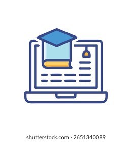 A flat style illustration depicts online education with graduation cap on laptop and book. Symbolizes modern e-learning concepts.