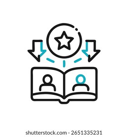 Flat style illustration depicts two silhouettes facing each other in an open book. A star above them points down to book.