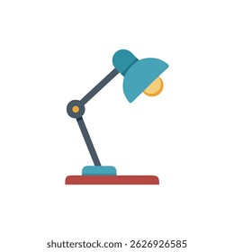 Flat style illustration of a desk lamp shining warm light, isolated on a White Background; clean and modern design.