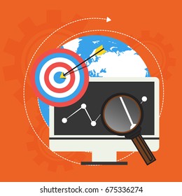 Flat style illustration of desktop computer with magnifying glass, target board and globe for Global Business concept.