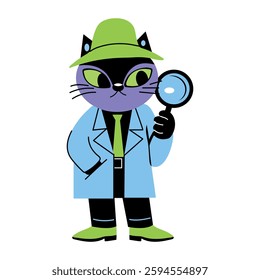 A flat style illustration of detective cat holding magnifying glass 

