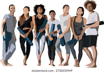Ilustración de estilo plano de un grupo diverso de hombres y mujeres de pie juntos sosteniendo esteras de yoga. Representa bienestar, fitness, estilo de vida saludable, clase de yoga, mindfulness y positividad corporal. Adecuado para conceptos de salud, deportes y estilo de vida.