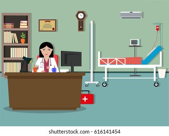 Ilustración de estilo plano del lugar de trabajo del médico, diseño interior de la sala del hospital.