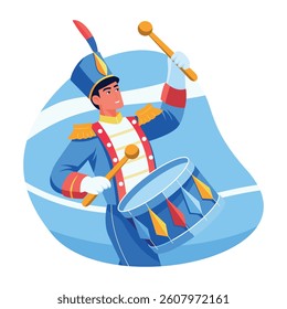 A flat style illustration of drumming character wearing a band uniform
