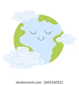 Flat Style Illustration of Earth with Blue Clouds, Eco-Friendly and Sustainability Concept
