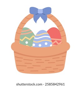 Flat style illustration of an Easter basket filled with decorated eggs and tied with a bow, ideal for festive designs, greeting cards, and holiday-themed projects.