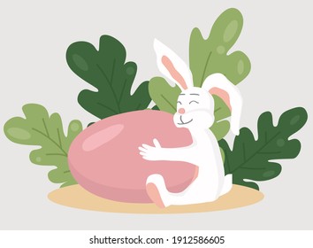 Flat style illustration. Easter rabbit hugging a huge egg. There are leaves on background behind a white bunny. You can use it for greeting cards or another Easter decorations.