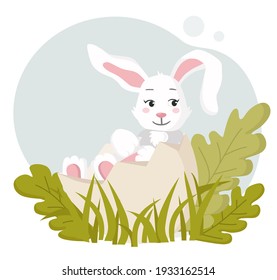 Flat style illustration. Easter rabbit sitting in the egg. There are leaves and grass in the background behind a bunny. You can use it for greeting cards or another Easter decorations.