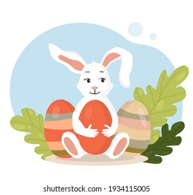 Flat style illustration. Easter rabbit hugging the egg. There are leaves and two more colored eggs in the background behind a bunny.