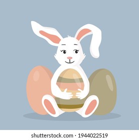 Flat style illustration. Easter rabbit hugging the egg. There are two more colored eggs in the background behind a bunny.