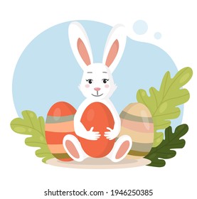 Flat style illustration. Easter rabbit with big fluffy ears hugging the egg. There are leaves and two more colored eggs in the background behind a bunny.