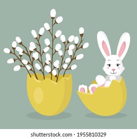 Flat style illustration. Easter rabbit sitting in the egg. There are pussy willows sprigs in another egg shell. You can use it for greeting cards or another Easter decorations.