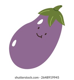 Flat style illustration of an eggplant with happy face, ideal for healthy eating, cooking projects, and vegetable-inspired designs