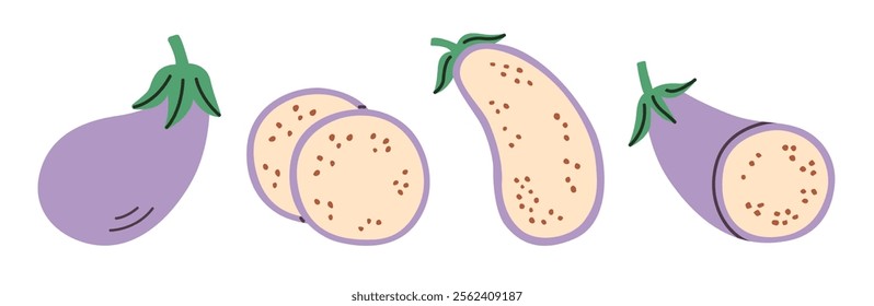 Flat style illustration of eggplant in various forms: whole, sliced rounds, halved, and cross-section. Simple and minimalist design for culinary, educational, or healthy lifestyle projects.