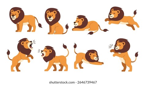 flat style illustration of eight mascot cartoon lions in various standing, sitting, and roaring poses, showcasing their iconic manes