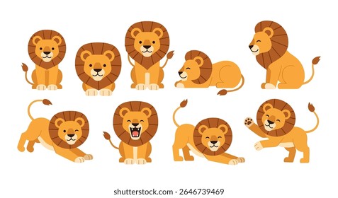 ilustração em estilo plano de oito leões mascote em vários poses em pé, sentadas e rugidas, mostrando suas icônicas crinas