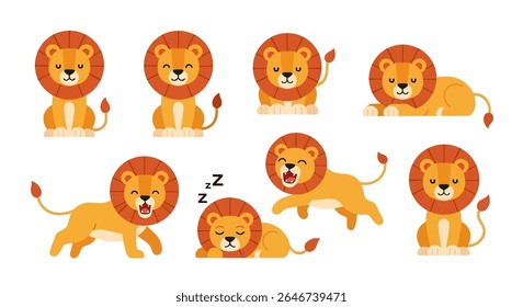 ilustração em estilo plano de oito leões mascote em vários poses em pé, sentadas e rugidas, mostrando suas icônicas crinas
