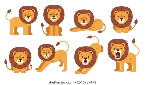 ilustração em estilo plano de oito leões mascote em vários poses em pé, sentadas e rugidas, mostrando suas icônicas crinas
