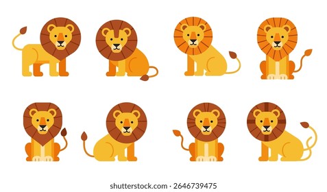ilustração em estilo plano de oito leões mascote em vários poses em pé, sentadas e rugidas, mostrando suas icônicas crinas